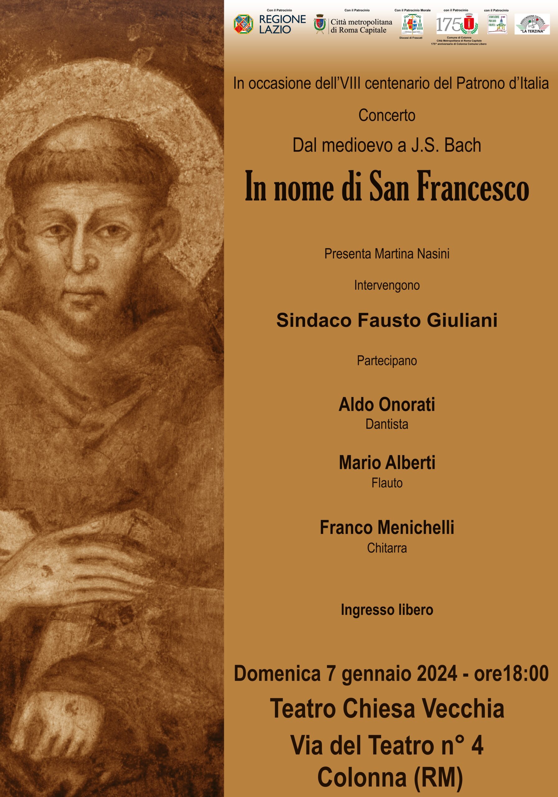 Colonna celebra l’VIII centenario di San Francesco nel Teatro Chiesa Vecchia un Concerto imperdibile Bach e Dante in nome del Santo di Assisi