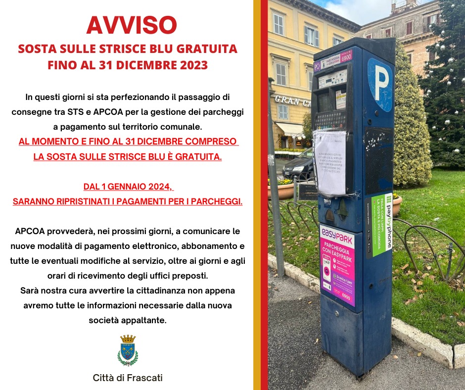 Frascati, sosta sulle strisce blu gratuita fino al 31 dicembre 2023 per il passaggio di consegne tra STS e APCOA