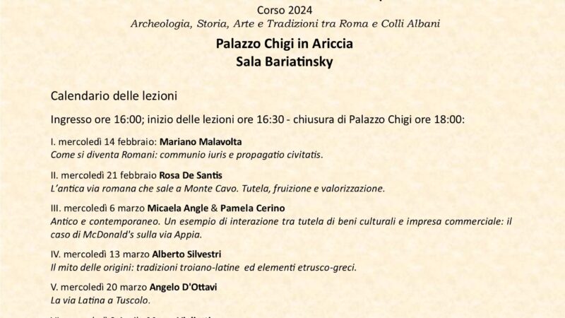 Ariccia, apre il 14 febbraio il corso 2024 “Archeologia, Storia, Arte e Tradizioni tra Roma e Colli Albani” promosso da Archeoclub Aricino Nemorense aps