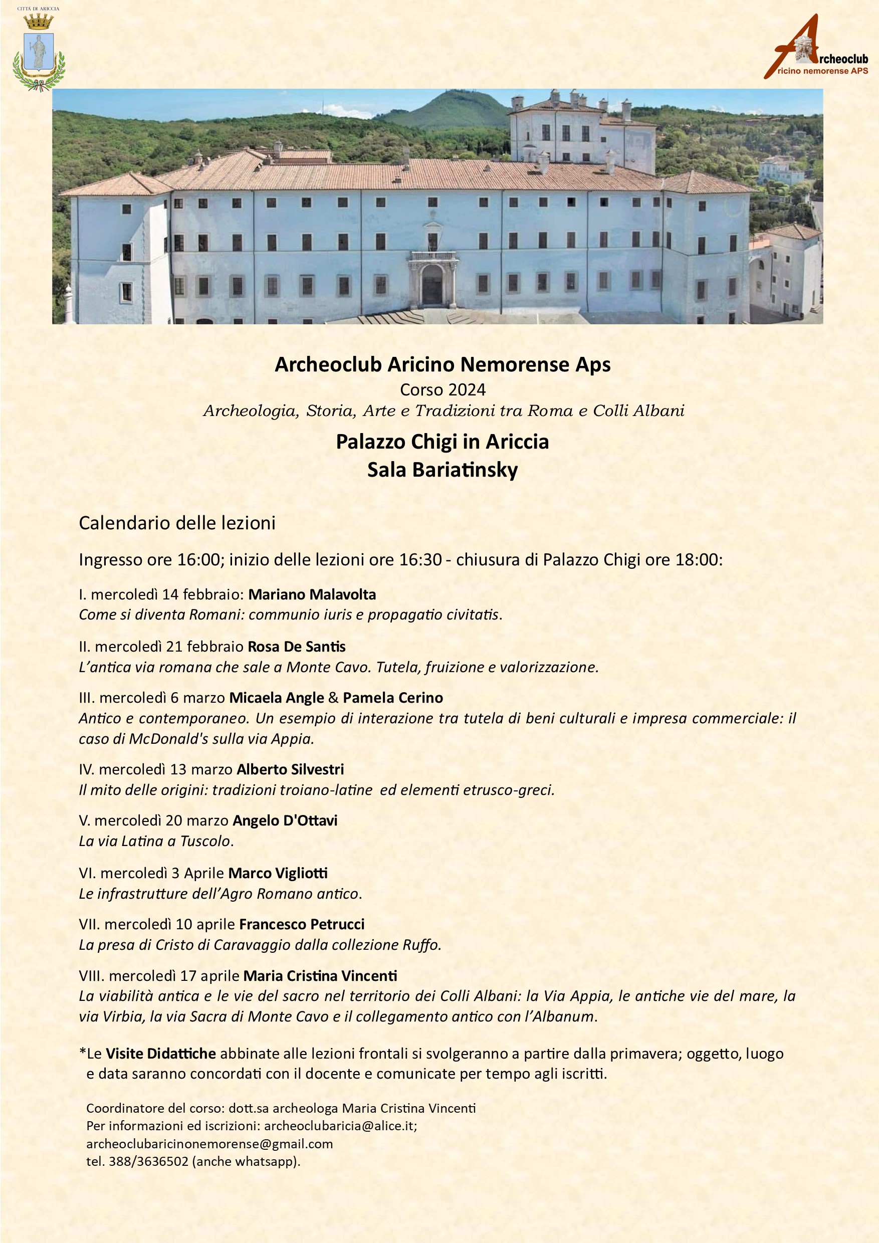 Ariccia, apre il 14 febbraio il corso 2024 “Archeologia, Storia, Arte e Tradizioni tra Roma e Colli Albani” promosso da Archeoclub Aricino Nemorense aps