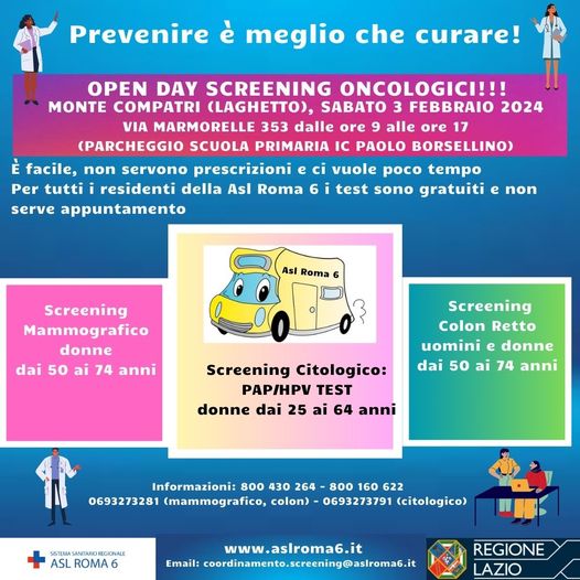 Monte Compatri (Laghetto), Sabato 3 febbraio appuntamento con gli screening della Asl Roma 6