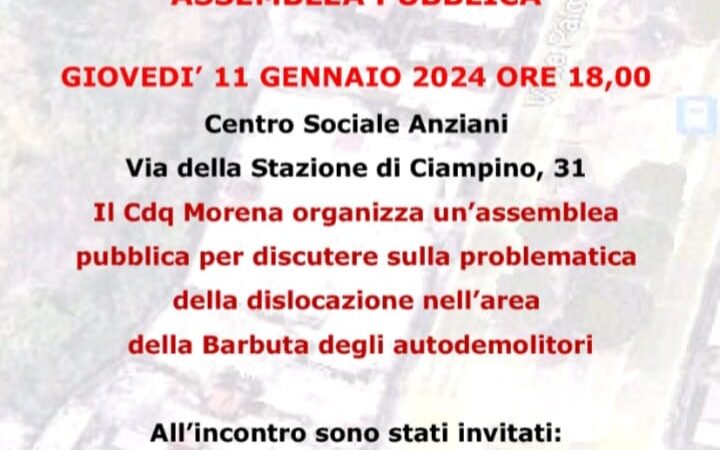 Morena, Assemblea Pubblica alle 18 al Centro Anziani: si parla degli autodemolitori