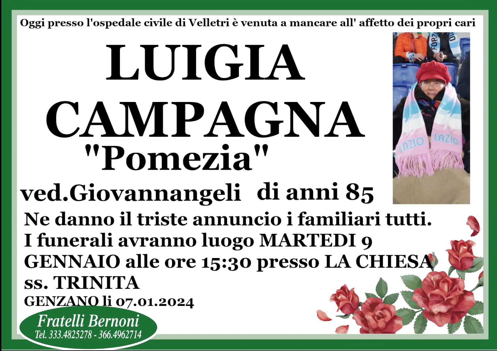 Genzano, la Città piange Luigia Campagna detta “Pomezia”