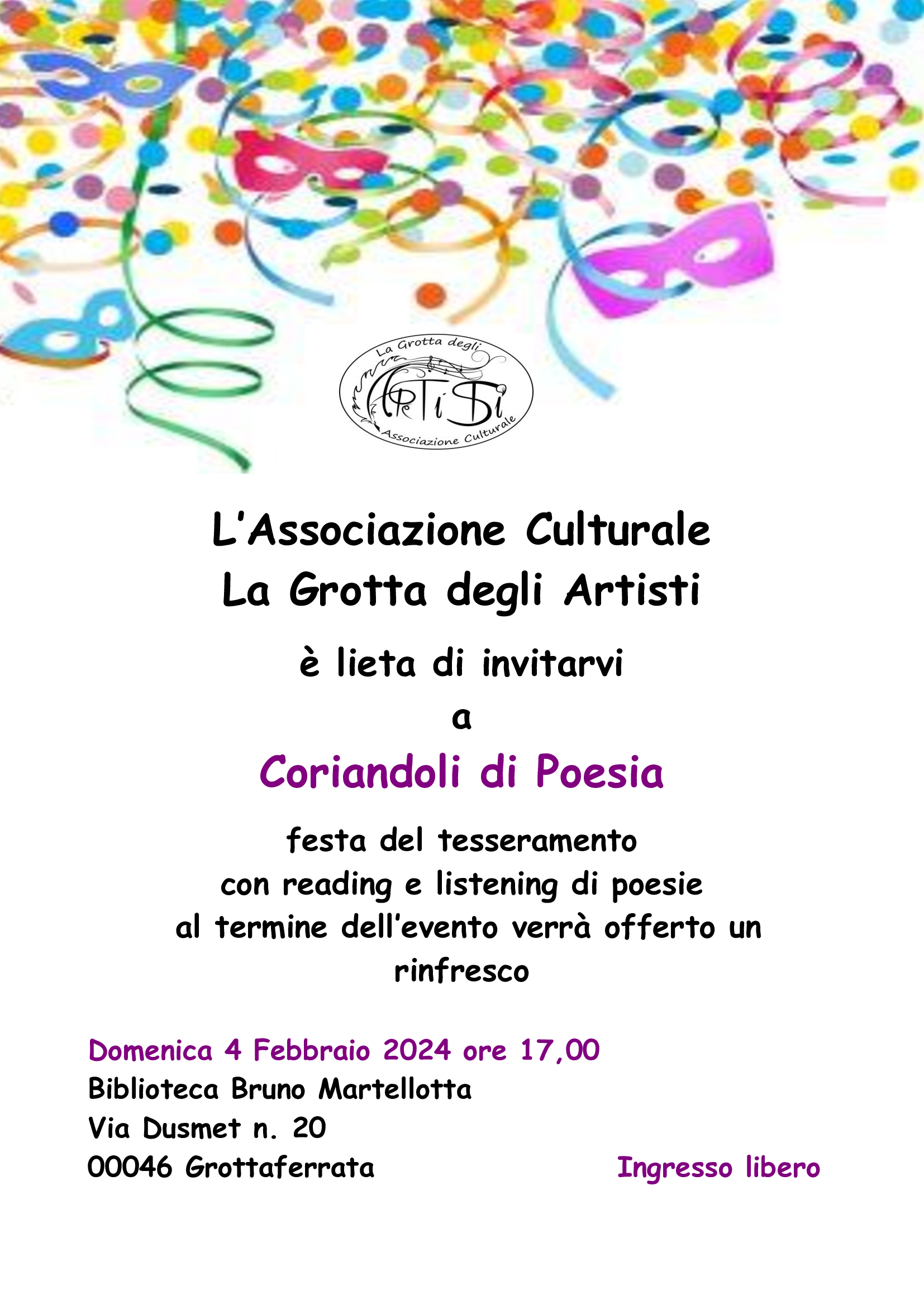 Grottaferrata, l’Associazione Culturale “La Grotta degli Artisti” ha organizzato la manifestazione culturale “Coriandoli di Poesia”