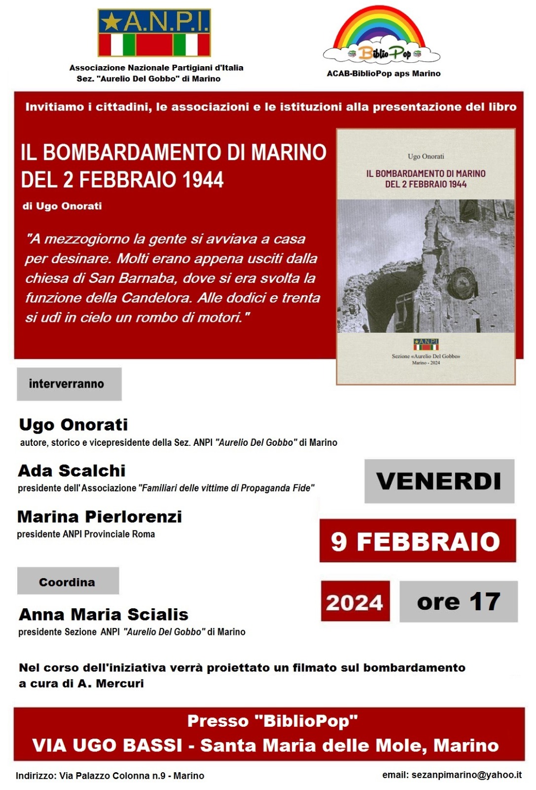 Marino, presentazione del libro “Il bombardamento di Marino del 2 febbraio 1944” di Ugo Onorati. 9 febbraio ore 17:00