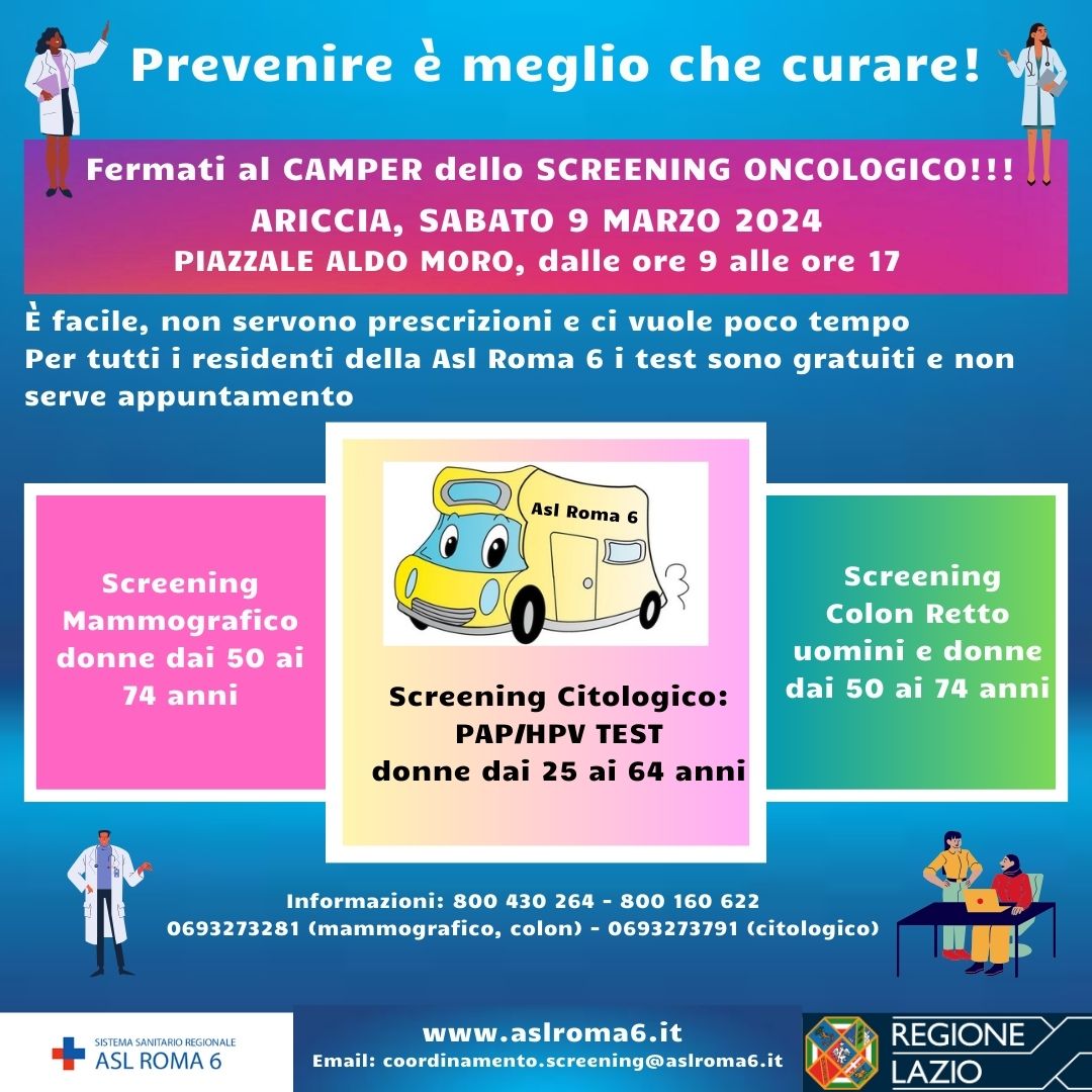 Ariccia, screening oncologici gratuiti con ASL Roma 6. Open day sabato 9 marzo in piazzale Aldo Moro