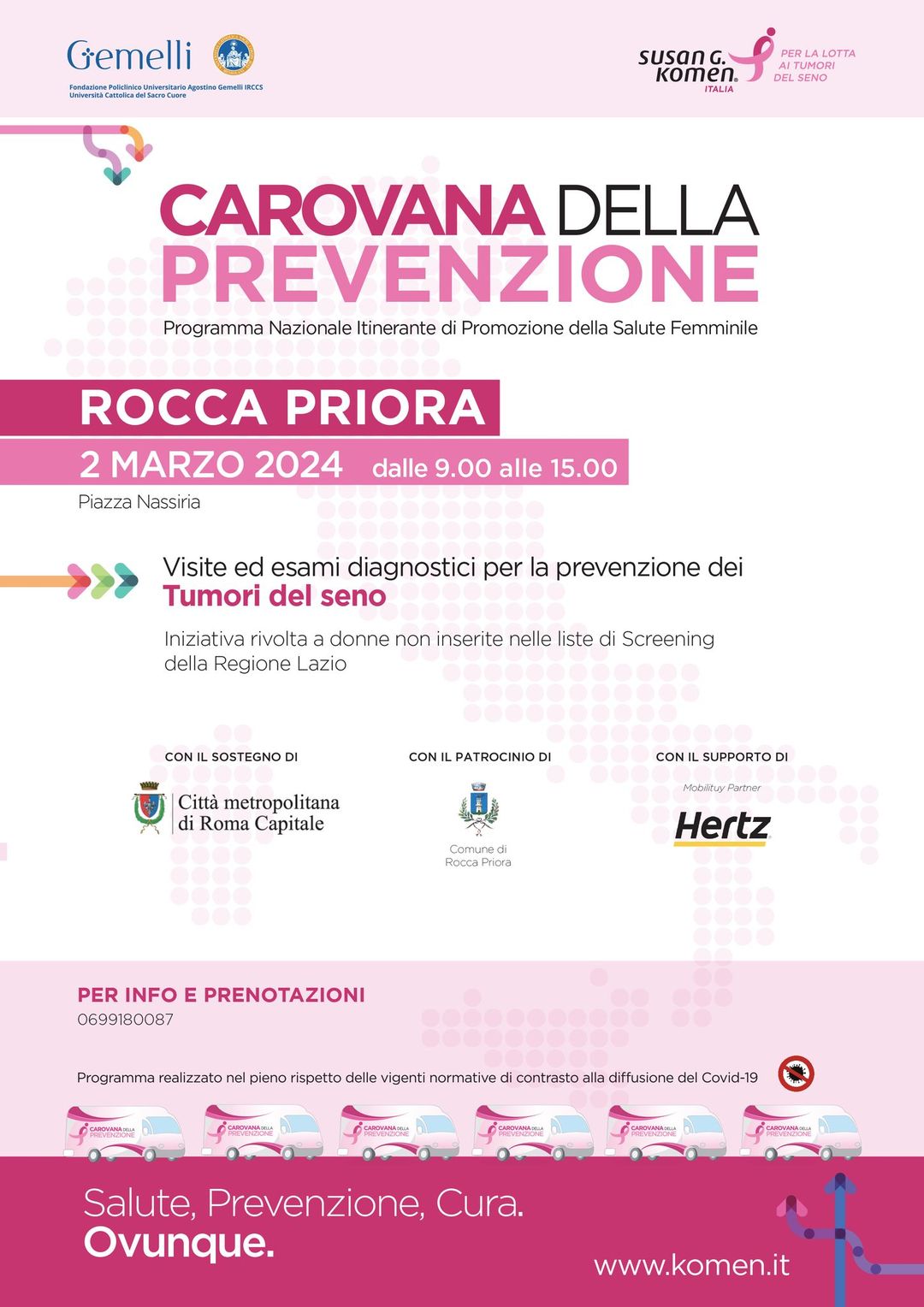 Rocca Priora, carovana della Prevenzione Komen: sabato 2 marzo presso Piazza Nassiriya