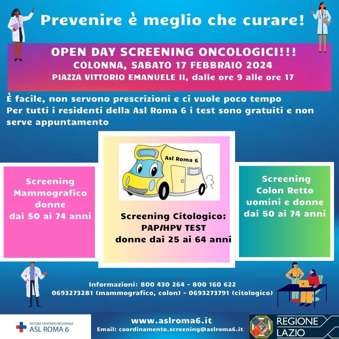 Colonna, screening oncologici gratuiti con ASL Roma 6. Open day sabato 17 febbraio in piazza Vittorio Emanuele II