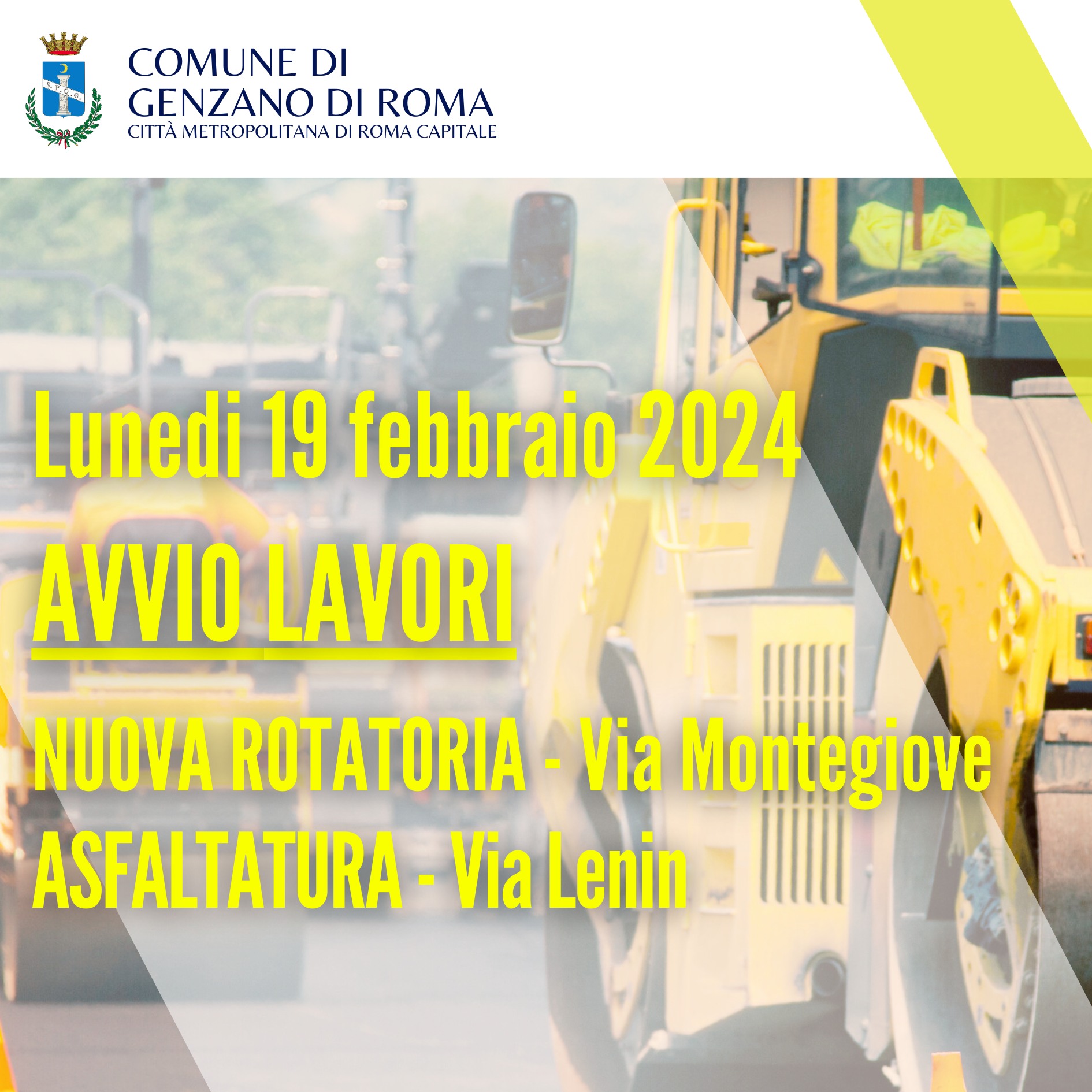 Genzano di Roma, iniziano lunedì 19 febbraio i lavori per la nuova rotatoria e asfaltatura di viale Lenin