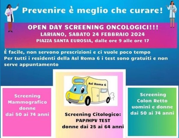 Lariano, screening oncologici gratuiti con ASL Roma 6. Open day sabato 24 febbraio in piazza Santa Eurosia