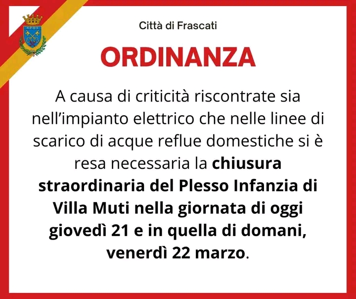 Frascati, ordinanza di chiusura straordinaria del plesso infanzia Villa Muti