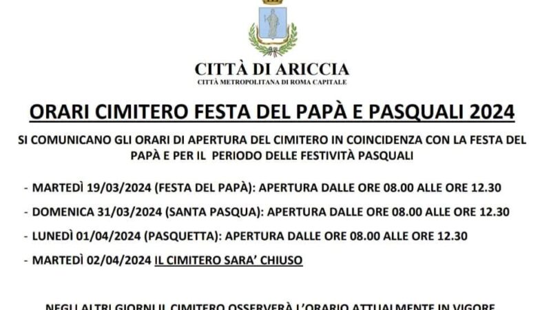 Ariccia, i nuovi orari di apertura e chiusura del cimitero in vista delle prossime festività