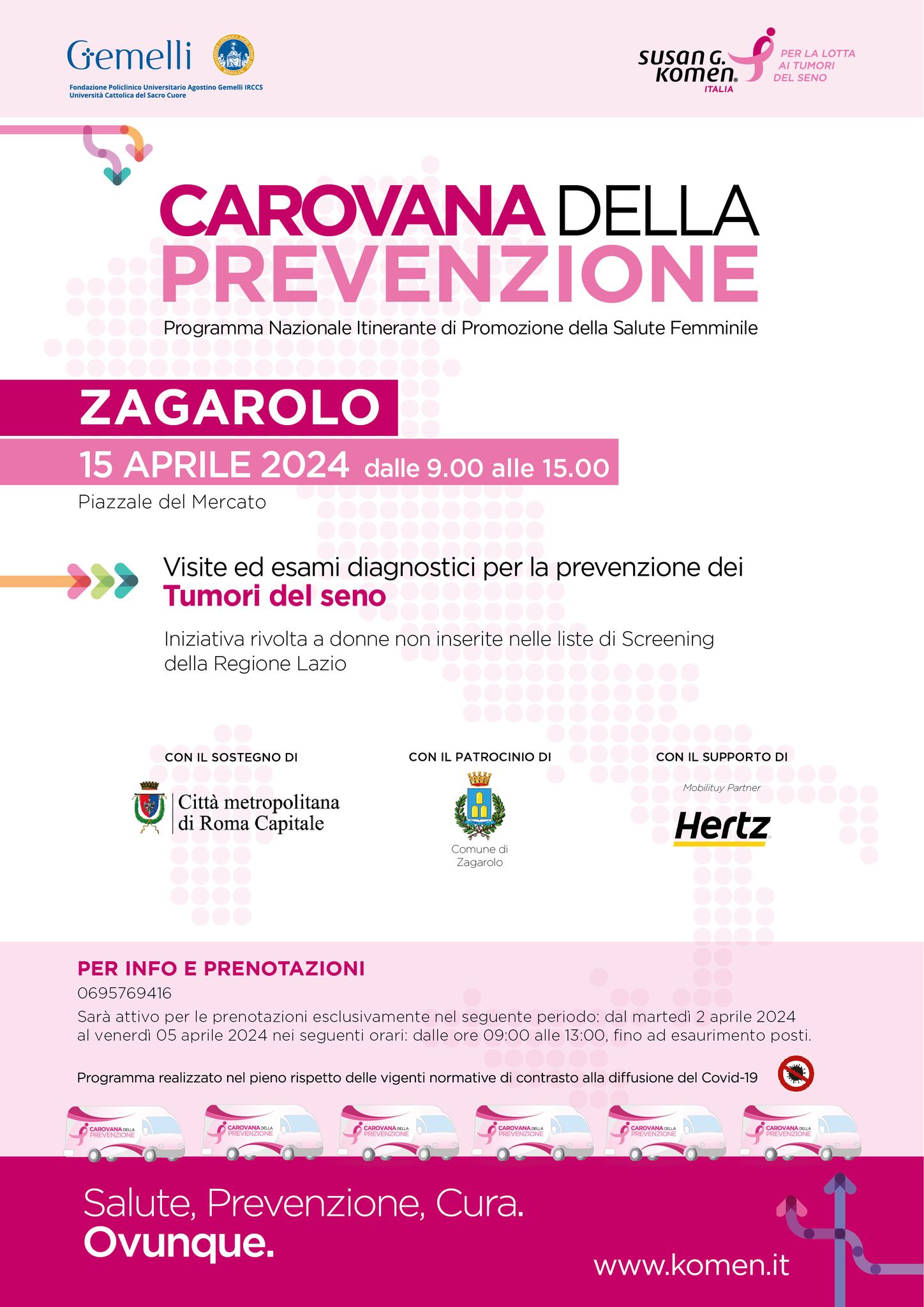 Zagarolo, lunedì 15 aprile tappa in Città della “Carovana della Prevenzione” dell’Associazione Susan Komen