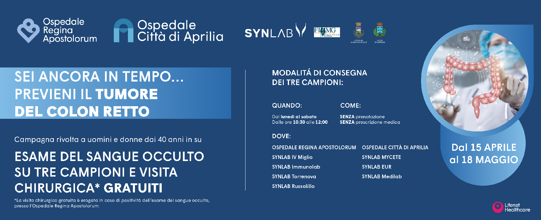 In collaborazione con Synlab e FIMMG riparte la Campagna di Prevenzione del Tumore del Colon Retto presso gli ospedali Regina Apostolorum e Città di Aprilia