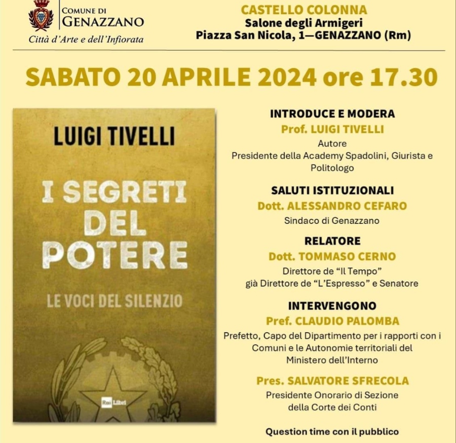 Genazzano, sabato 20 Aprile la presentazione del Libro“I SEGRETI DEL POTERE. LE VOCI DEL SILENZIO”