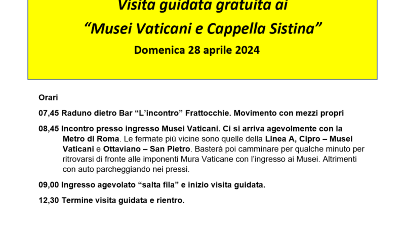 Frattocchie (Marino), Nuova visita guidata e gratuita ai Musei Vaticani ed alla Cappella Sistina del Centro Anziani Frattocchie di Marino APS