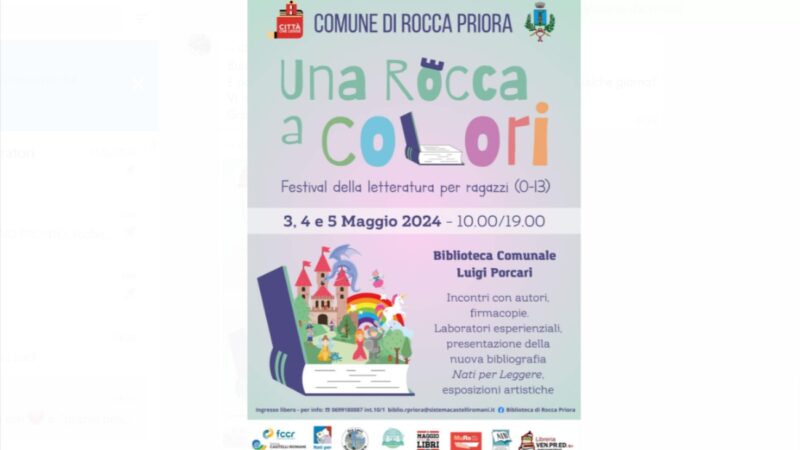 Rocca Priora: al via Terza Edizione di “Una Rocca a Colori – Festival della Letteratura per Ragazzi”