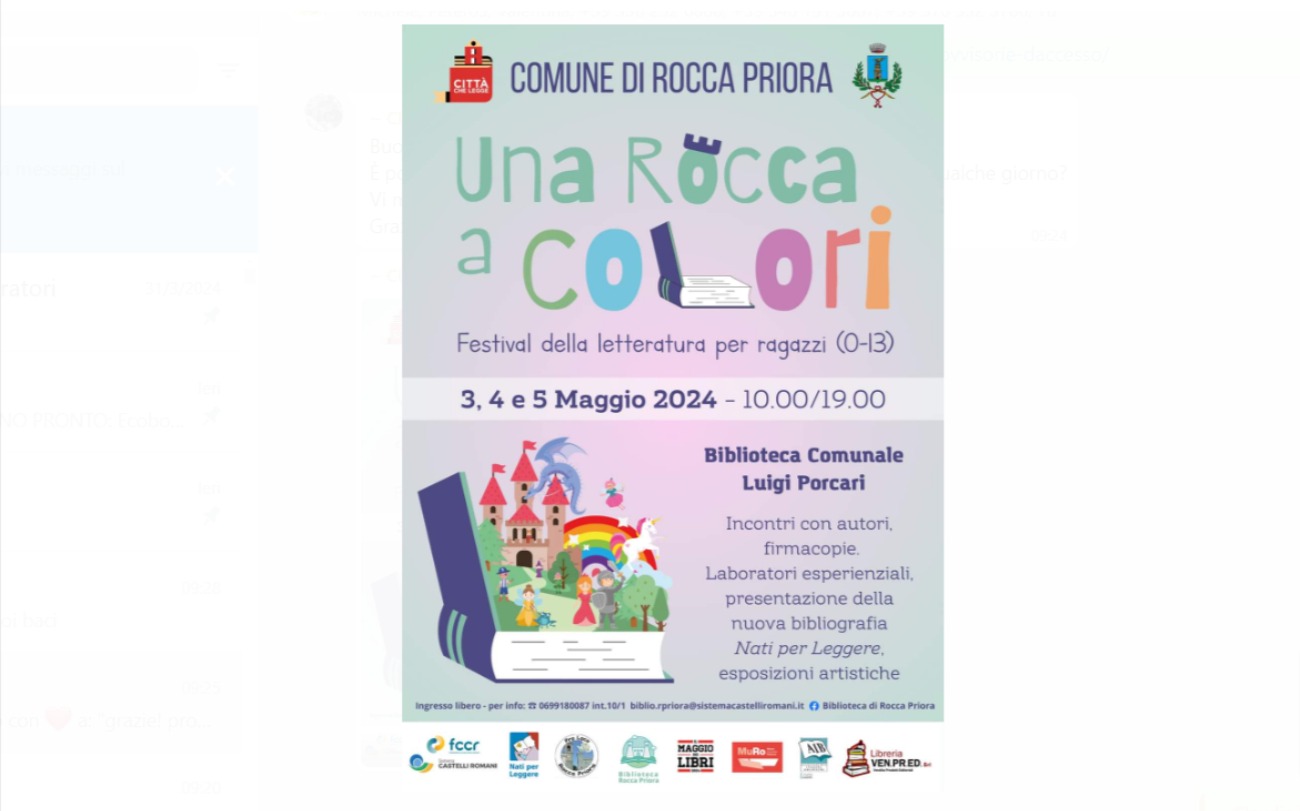 Rocca Priora: al via Terza Edizione di “Una Rocca a Colori – Festival della Letteratura per Ragazzi”