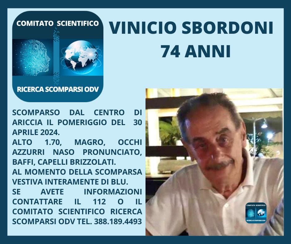 Ariccia,  si cerca Vinicio Sbordoni da ieri mattina