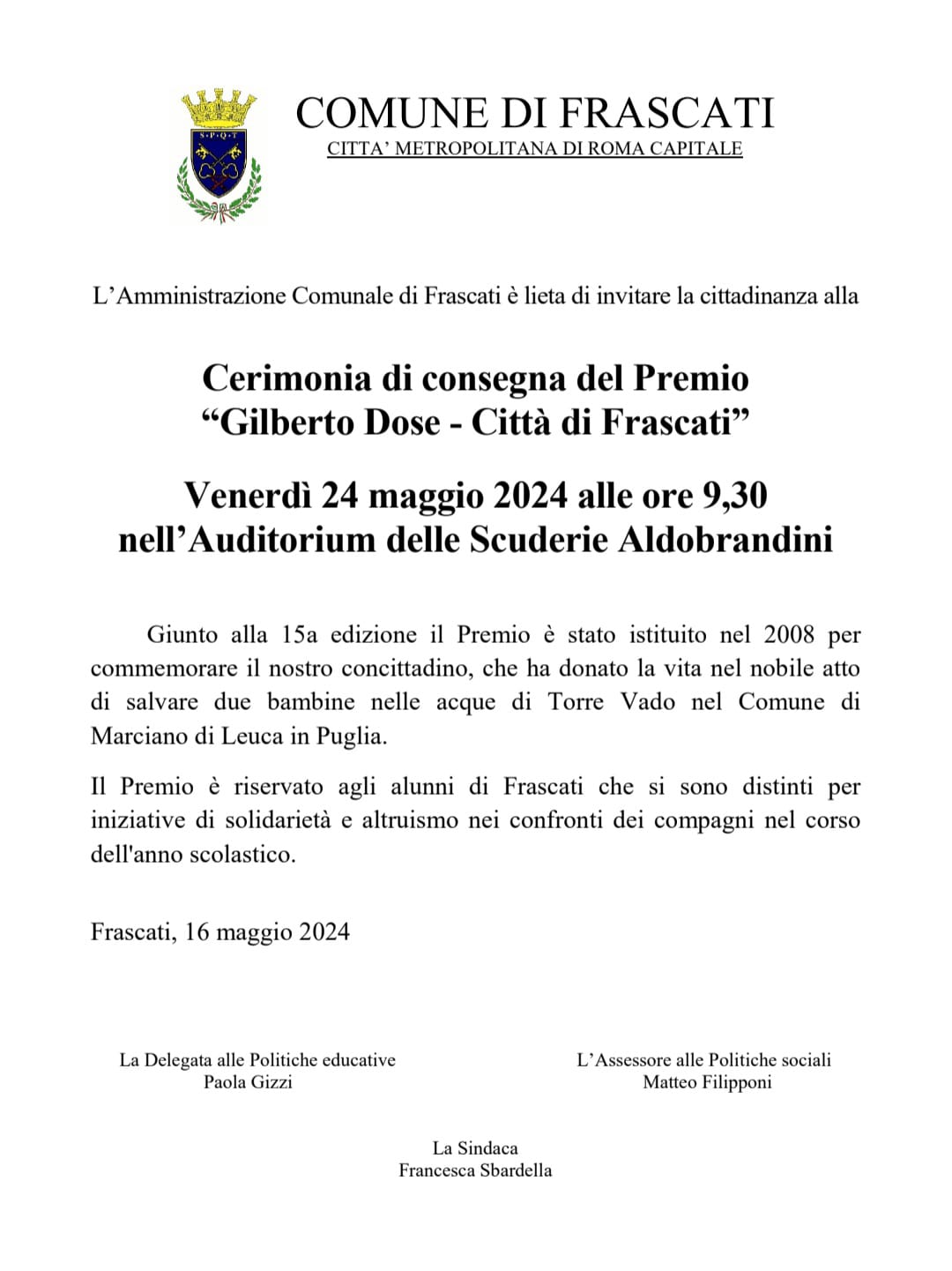 Frascati, Cerimonia di consegna del Premio “Gilberto Dose – Città di Frascati”