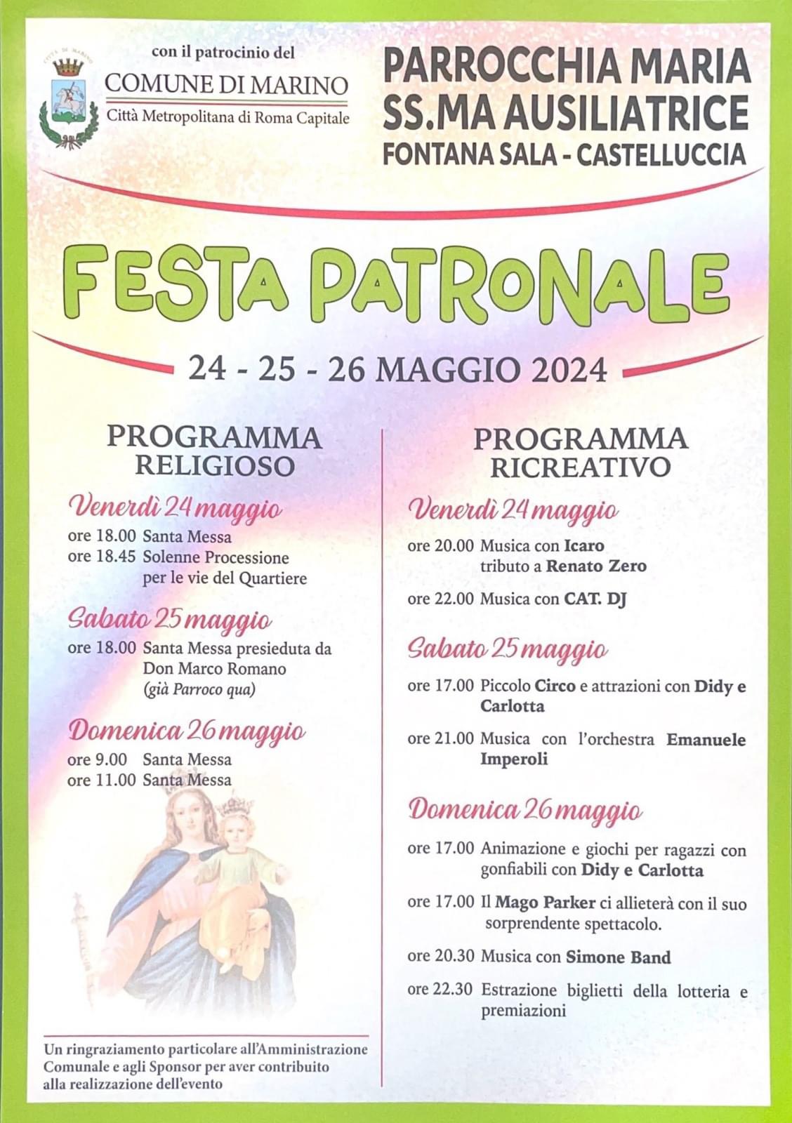 Marino, Festa Maria SS. AusiliatriceDal 24 al 26 maggio presso la Parrocchia di Fontana Sala e Castelluccia