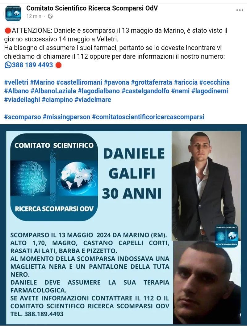 Marino, ritrovato a Napoli Daniele Galifi il 32enne scomparso da più di una settimana