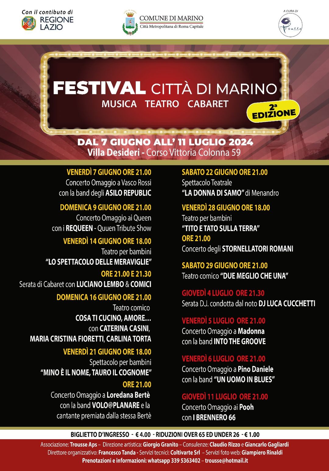 Festival città di Marino, musica teatro e cabaret dal 7 giugno all’11 luglio la 2^ edizione a Villa Desideri