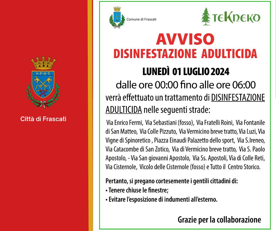 Frascati, avviso disinfestazione adulticida