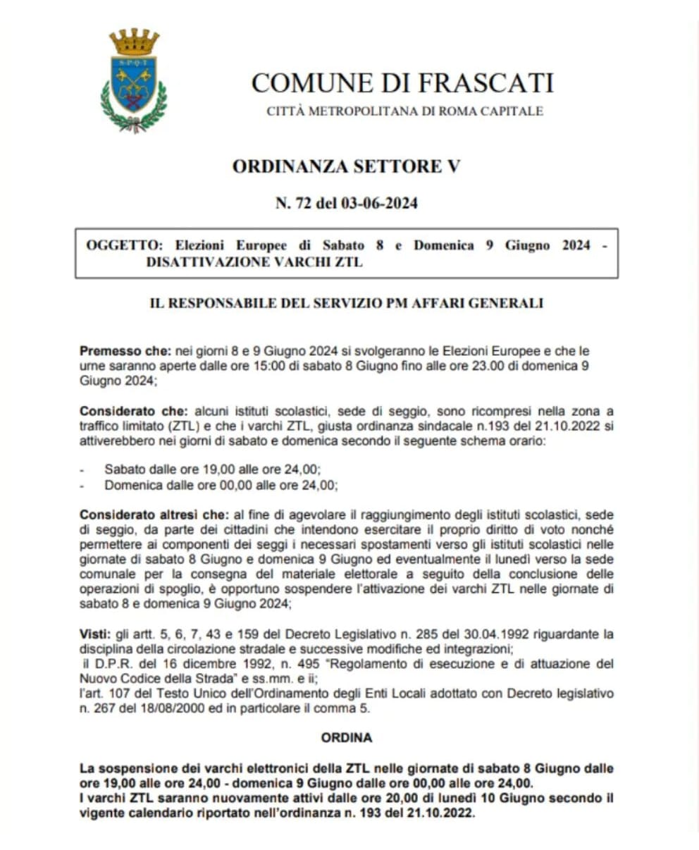 Frascati, disattivazione dei varchi ZTL in vista delle votazioni alle elezioni europee