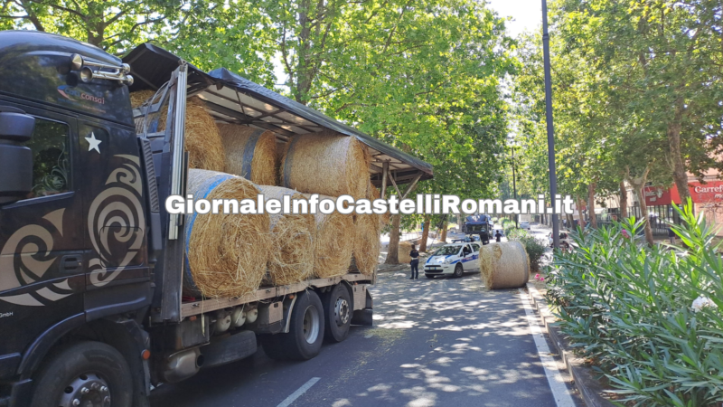 Genzano, camion che trasportava balle di fieno colpisce un albero e ne perde quattro sulla strada