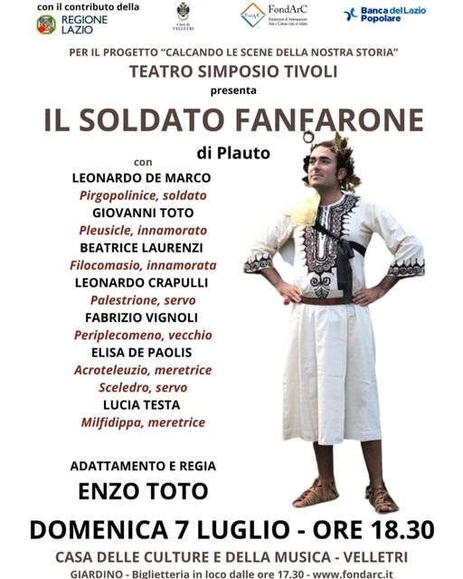 Velletri, domenica 7 luglio appuntamento alla Casa delle Culture con lo spettacolo “Il Soldato Fanfarone” di Plauto