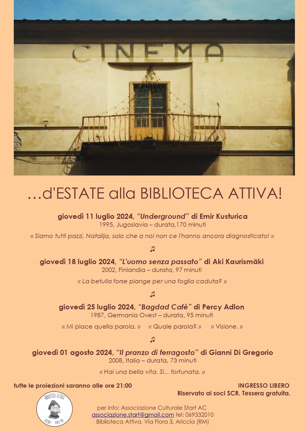 Ariccia, cinema d’estate alla Biblioteca Attiva