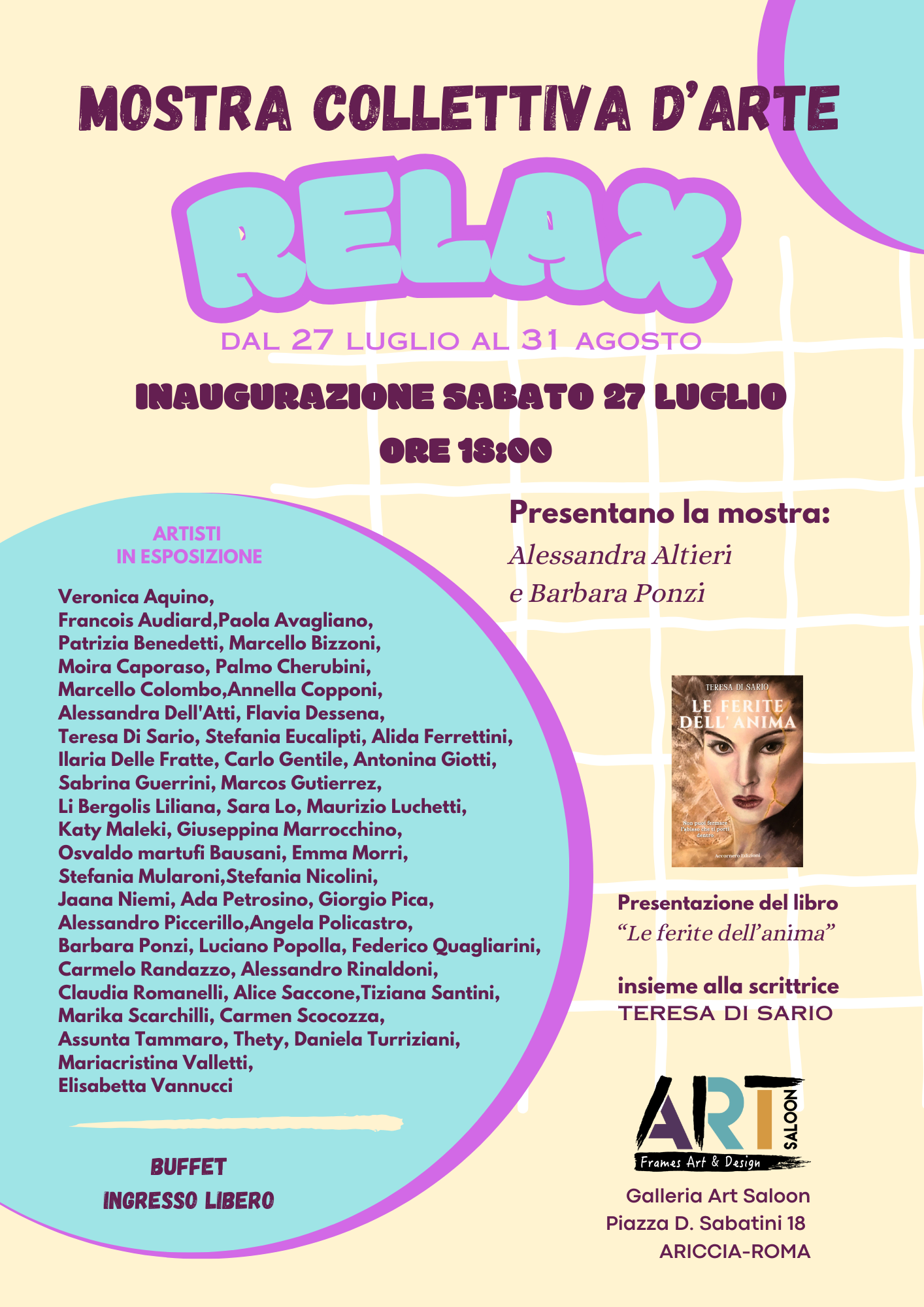 Ariccia, arriva la Mostra collettiva di arte che illuminerà l’estate dei Castelli Romani. Dal 27 Luglio al 31 Agosto all’Art Saloon arriva “RelaX” 