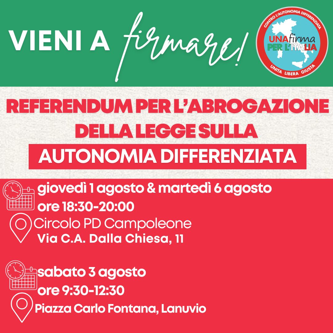 Lanuvio-Campoleone, si firma per il referendum per l’abrogazione della legge sull’autonomia differenziata