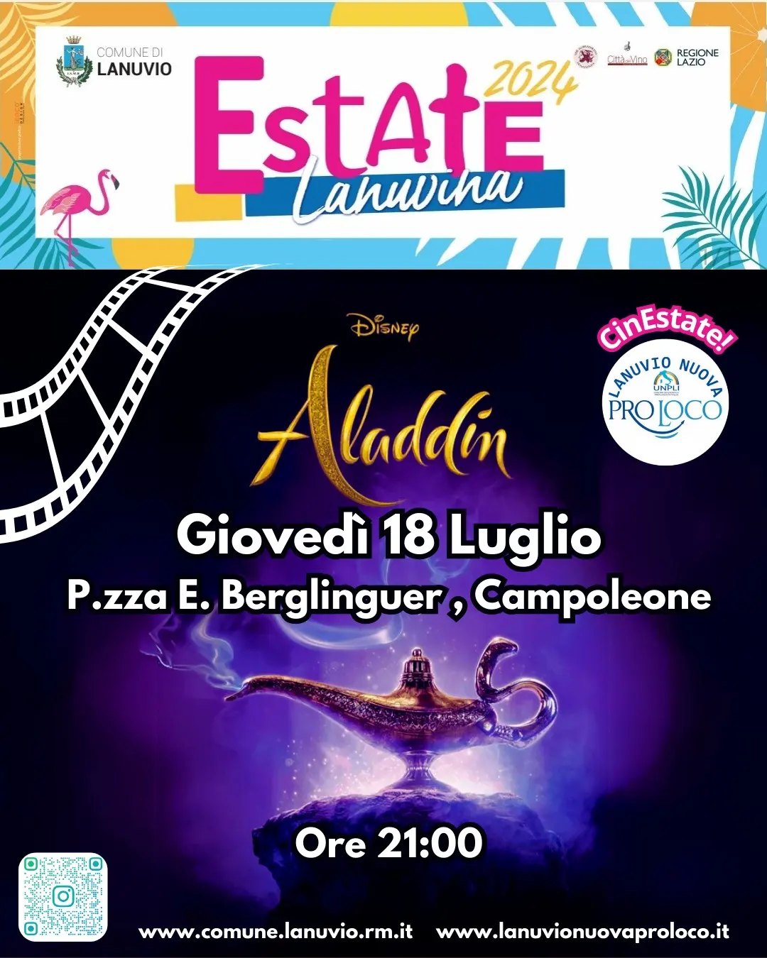 Lanuvio, per il Cinestate arriva “Aladdin” a Campoleone il 18 luglio