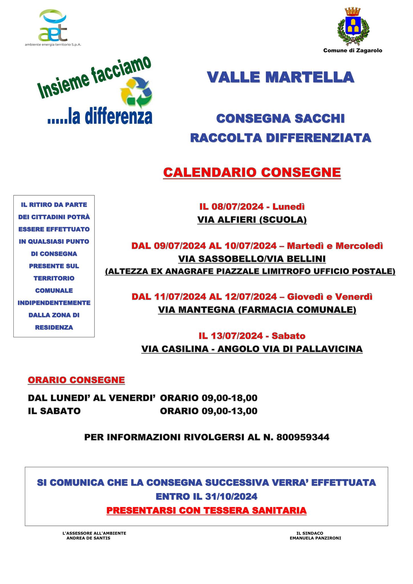 Zagarolo, calendario consegna sacchi per la raccolta differenziata nel territorio e iniziativa “Sgombra gli ingombri”