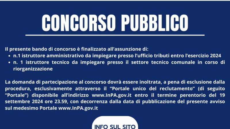 Rocca Priora, bando del concorso pubblico come istruttore amministrativo e istruttore tecnico