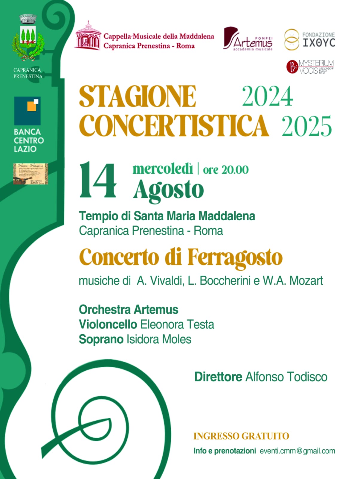 Capranica (Roma), concerto di Ferragosto presso il Tempio di Santa Maria Maddalena