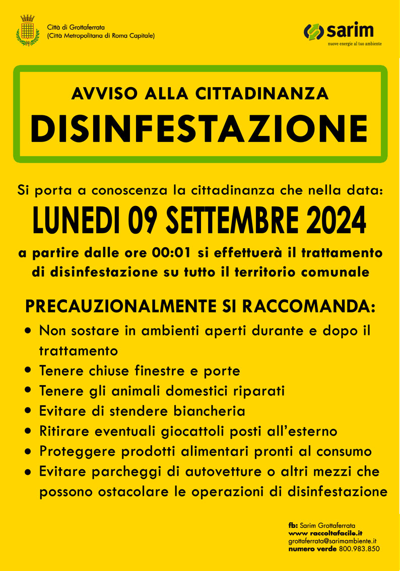 Grottaferrata, disinfestazione nella notte tra domenica 8 e lunedì 9 settembre