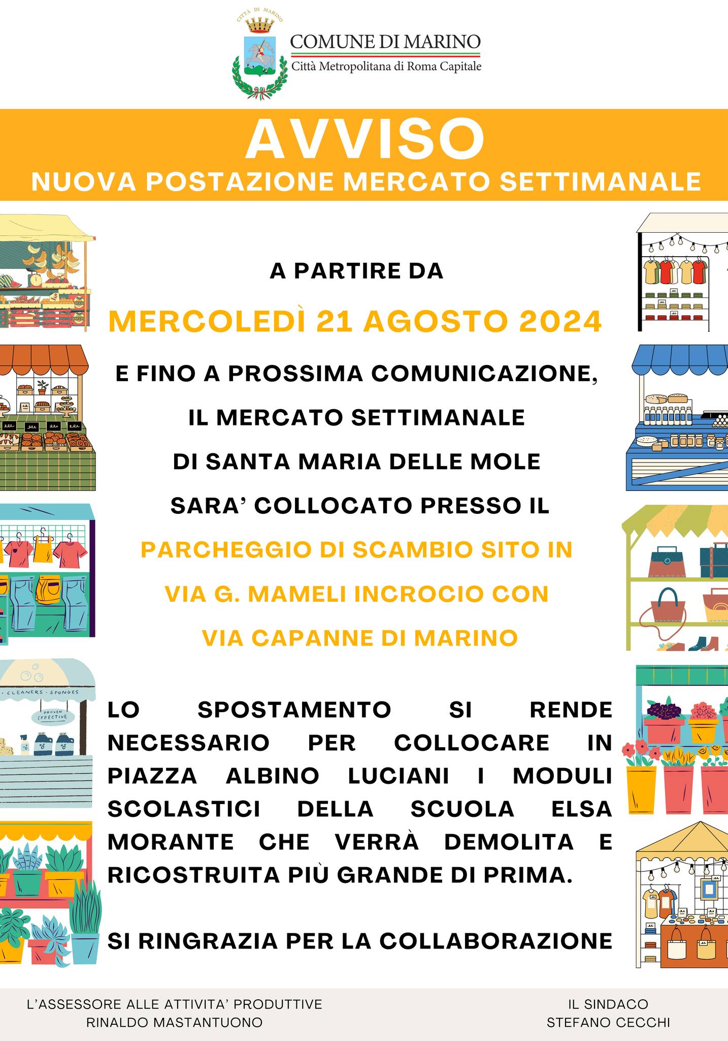 Marino, mercato di Santa Maria delle Mole da mercoledì 21 agosto nuova collocazione per i banchi