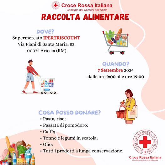 Ariccia, sabato 7 settembre si terrà la raccolta alimentare da parte della Croce Rossa Italiana