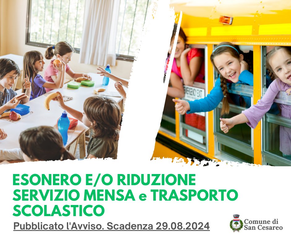 San Cesareo, avviso pubblico per l’esonero o riduzione dei servizi di mensa e trasporto scolastico per l’anno 2024/2025