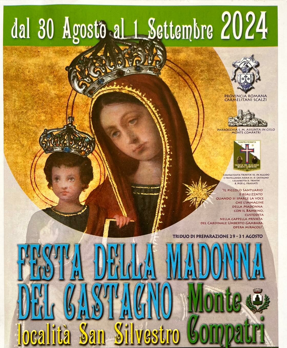 Monte Compatri, apertura “Festa della Madonna del Castagno” a San Silvestro