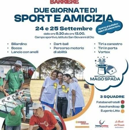 Genzano il 24 e 25 Settembre si terrà l’evento “Giochi senza Barriere”, presso l’Istituto Fatebenefratelli di via San Carlino – via Grandi