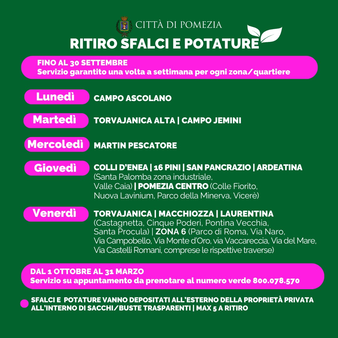 Pomezia, ritiro sfalci e potature