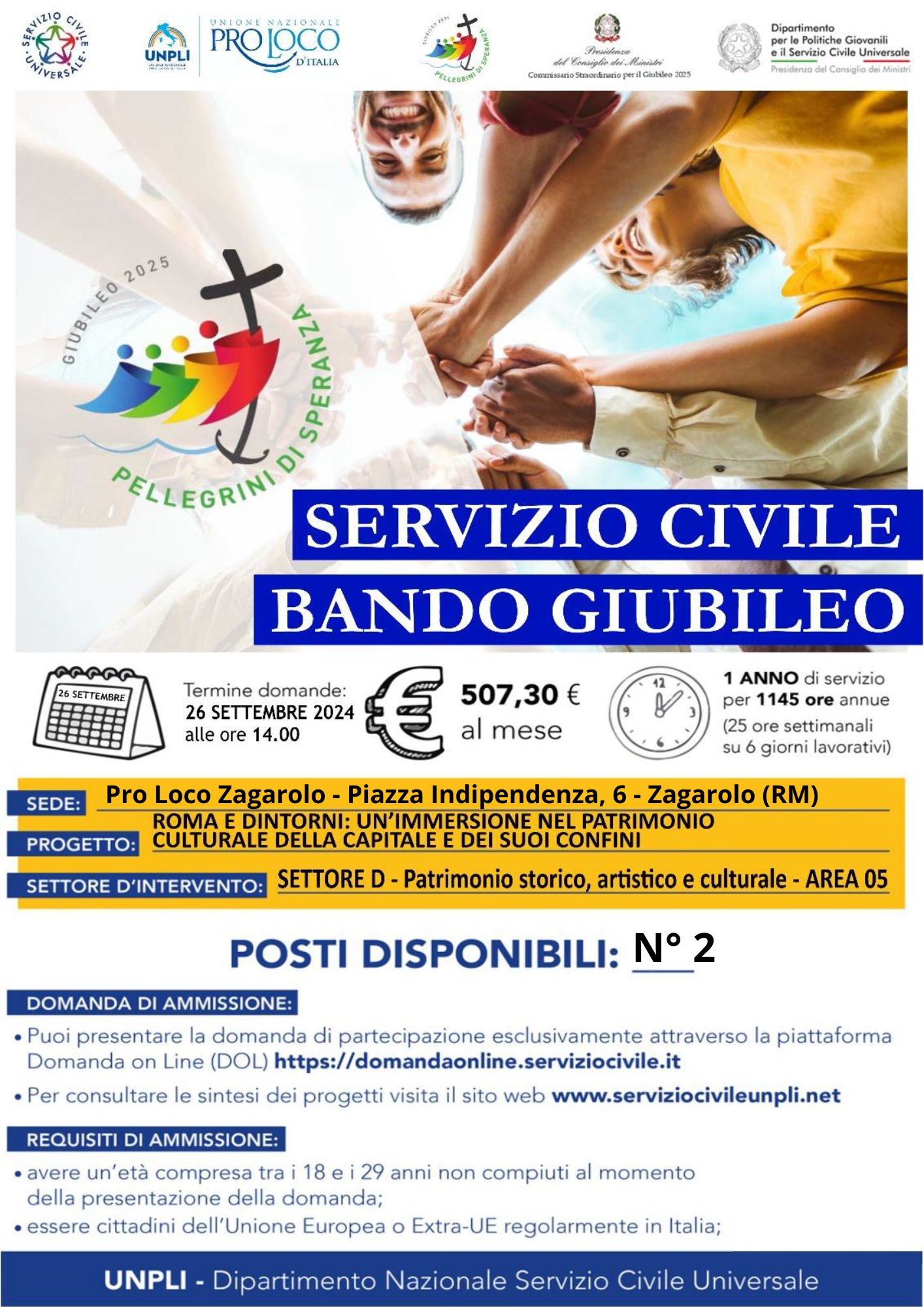 Zagarolo: bando per Giubileo del servizio civile – 2 posti disponibili – scadenza il 26 settembre