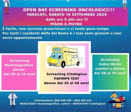 Frascati, Open Day Screening Oncologici Asl Roma 6: Sabato 14 Settembre 2024