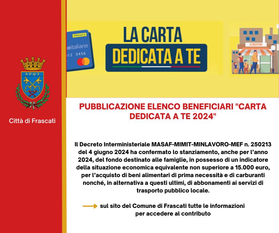 Frascati, “carta dedicata a te” 2024: nuovi contributi alle famiglie