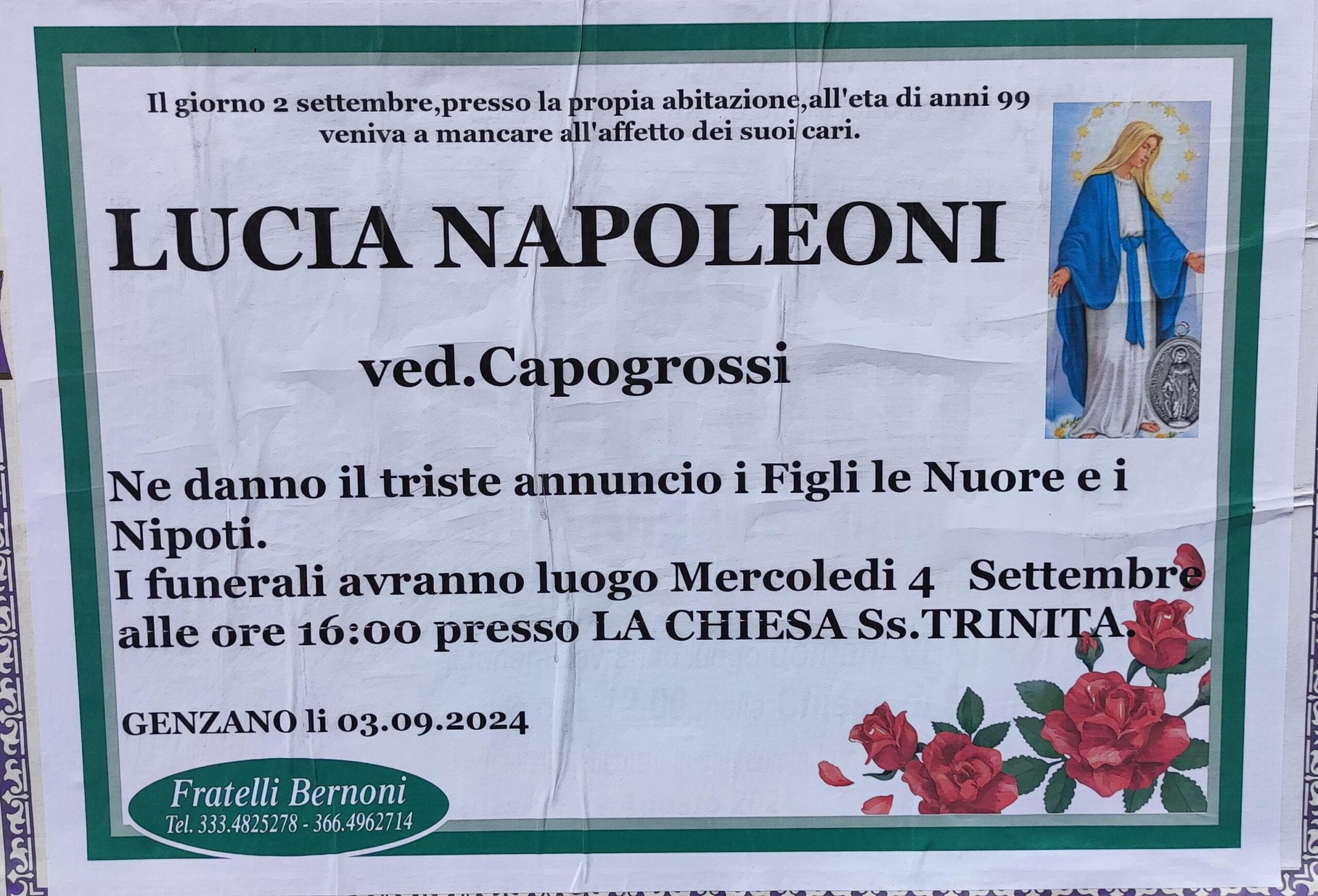 Genzano, è deceduta questa mattina Lucia Napoleoni la mamma del dottor Maurizio Capogrossi presidente della BCC Colli Albani