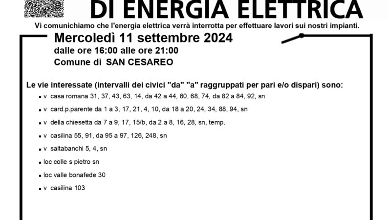 San Cesareo, interruzione energia elettrica oggi pomeriggio dalle ore 16:00 alle ore 21:00 – zona colle San Pietro/Casilina